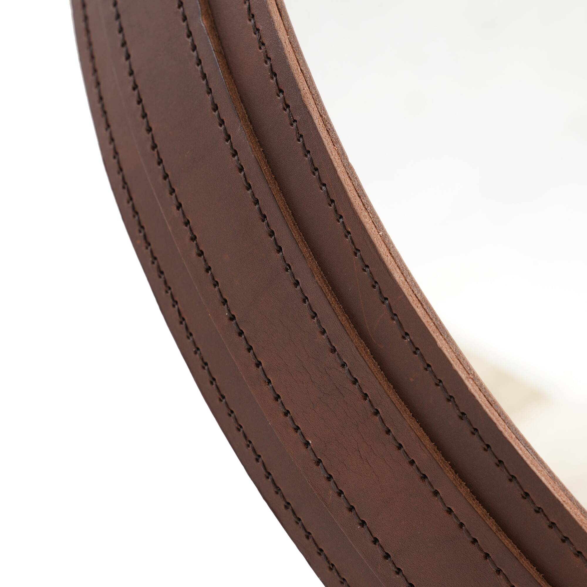 Handmade J. Adnet style mirror in brown vegetable-tanned leather, ø 45 cm