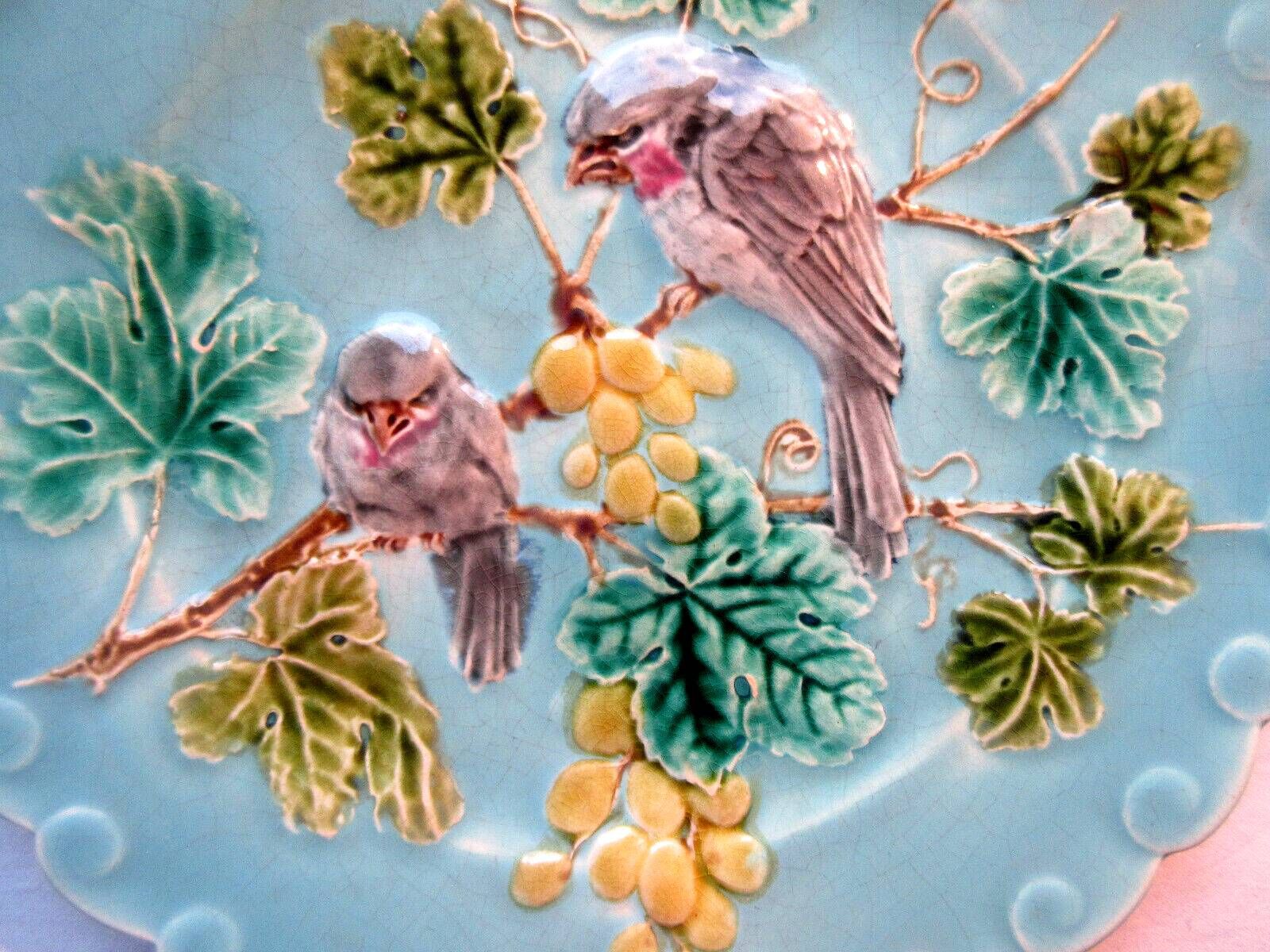 Art Deco Sarreguemines blue slip plate: 2 Birds pecking grapes