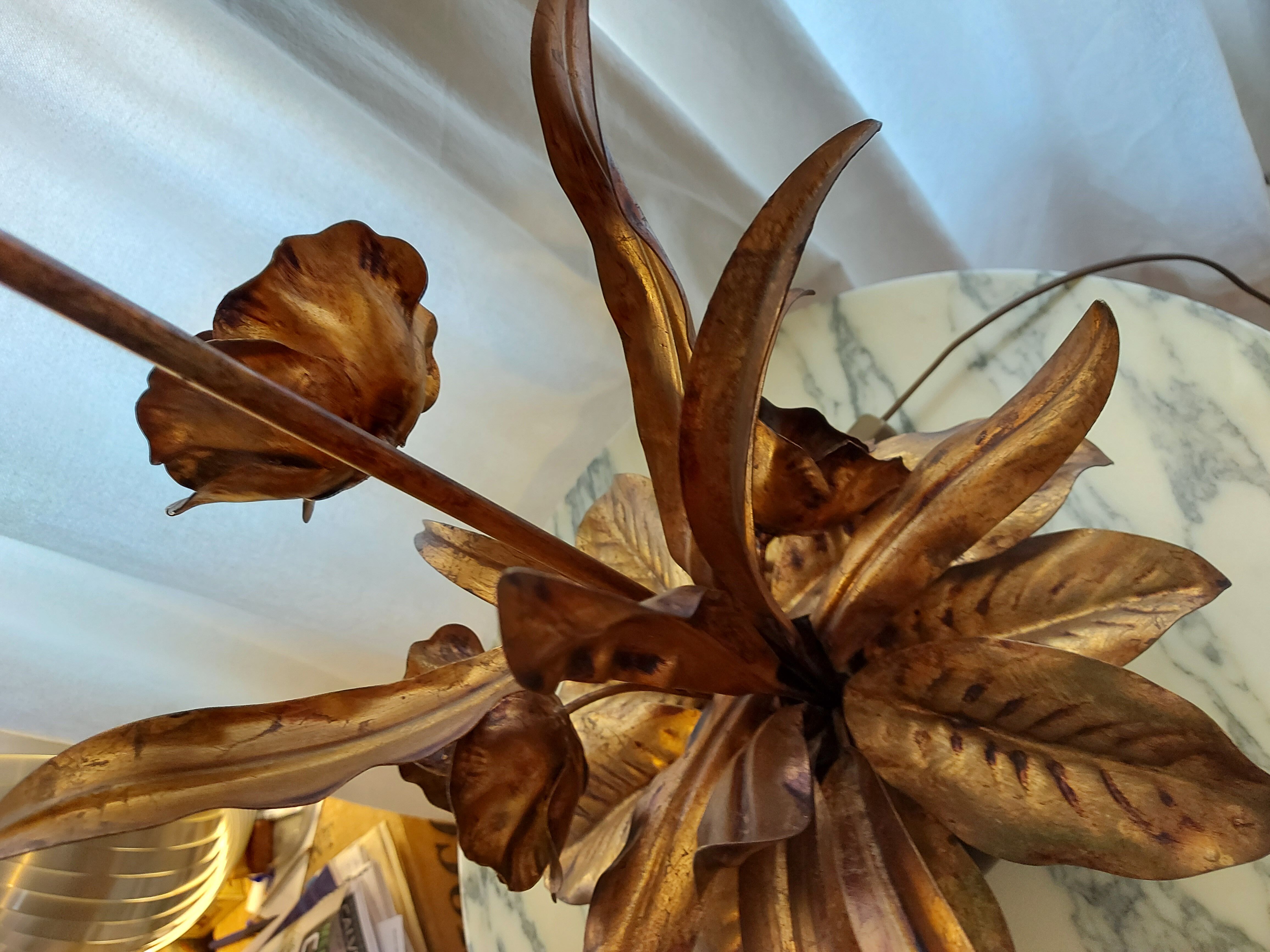 Large lamp, bouquet of vintage anemone flowers, gold metal, Hans Kogl