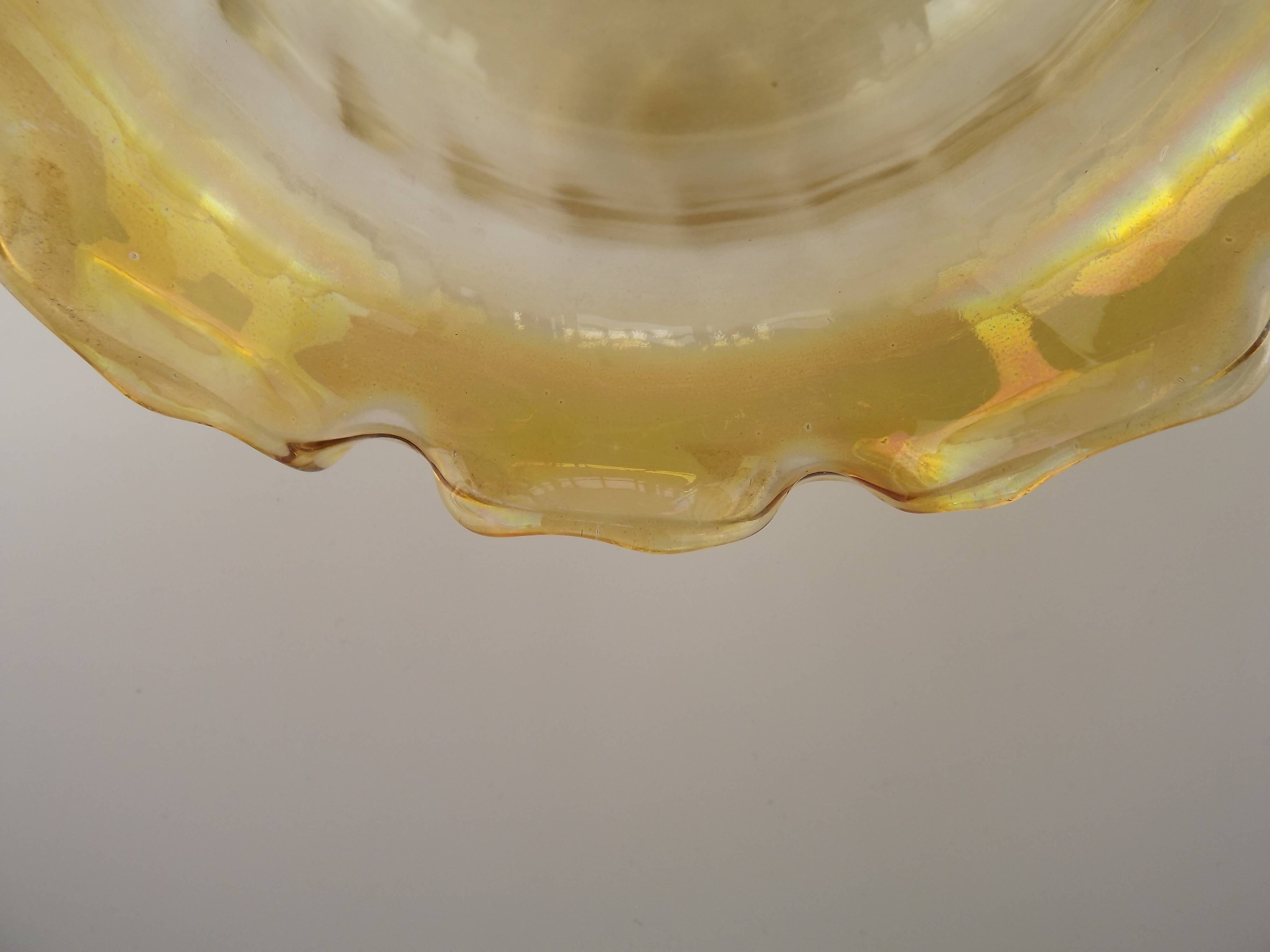 Large Mid Century Amber Glass Light Shade With Ribbed Effect & Frilled Edge