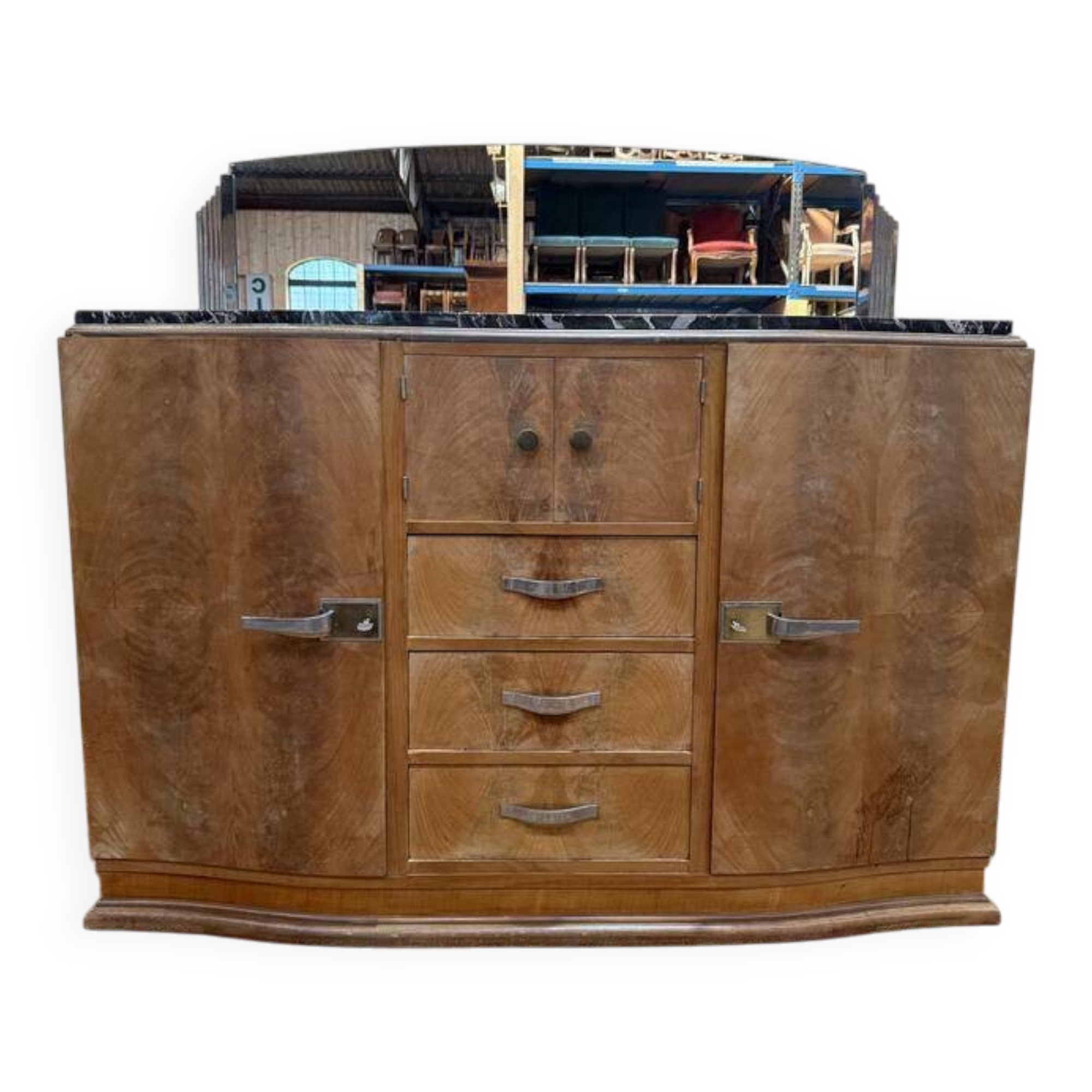 Buffet bas époque Art déco en bois et marbre avec miroir