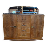 Buffet bas époque Art déco en bois et marbre avec miroir