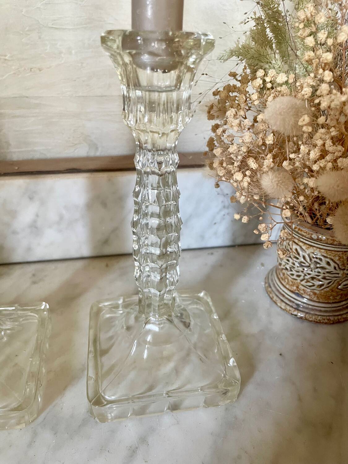 Pair of molded glass candlesticks