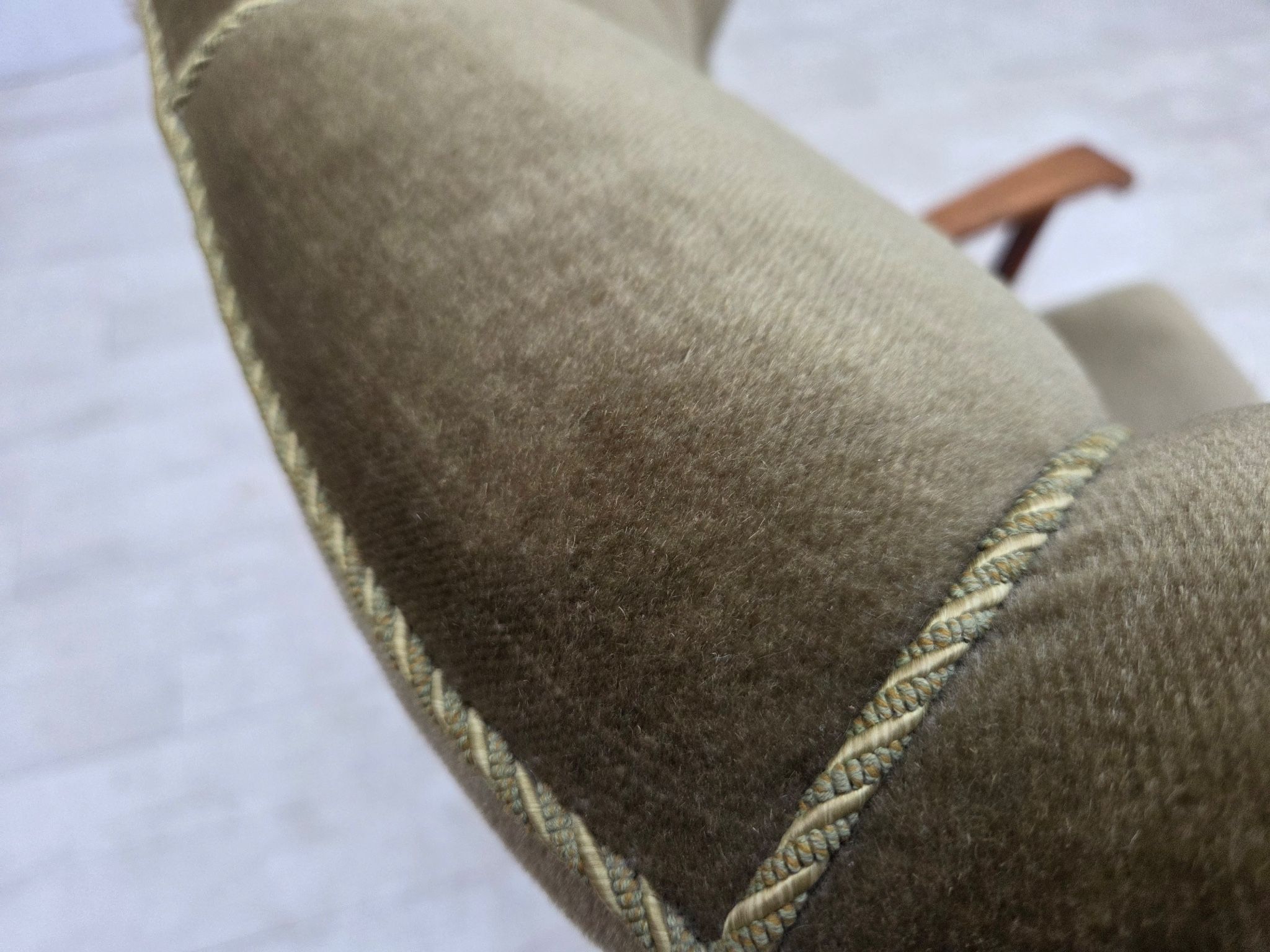1960s, Danish highback armchair, furniture velour, oak wood.