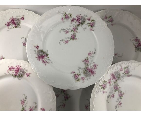 6 assiettes plates en porcelaine blanche décor fleurs lilas | Selency
