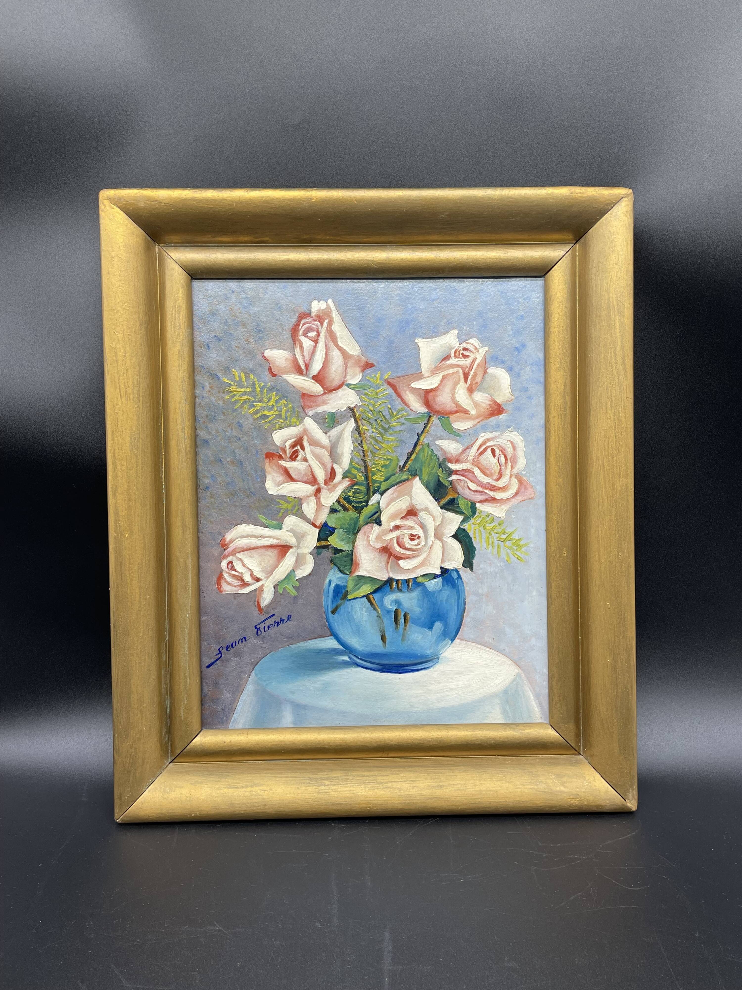 Still life with roses – Signed oil, blue vase, vintage gold frame