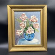 Still life with roses – Signed oil, blue vase, vintage gold frame