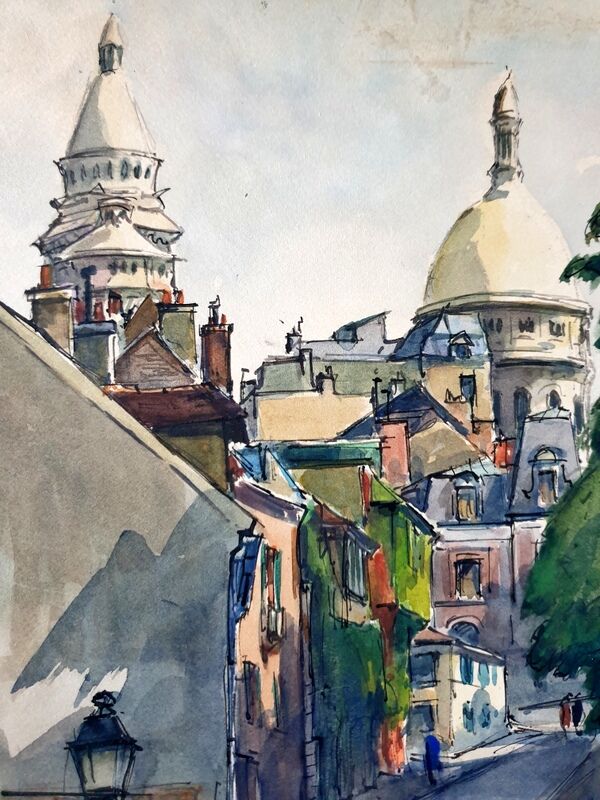 André Duculty (1912-1990) Watercolor on paper "Square du Sacré Coeur in Montmartre, Paris" Signed