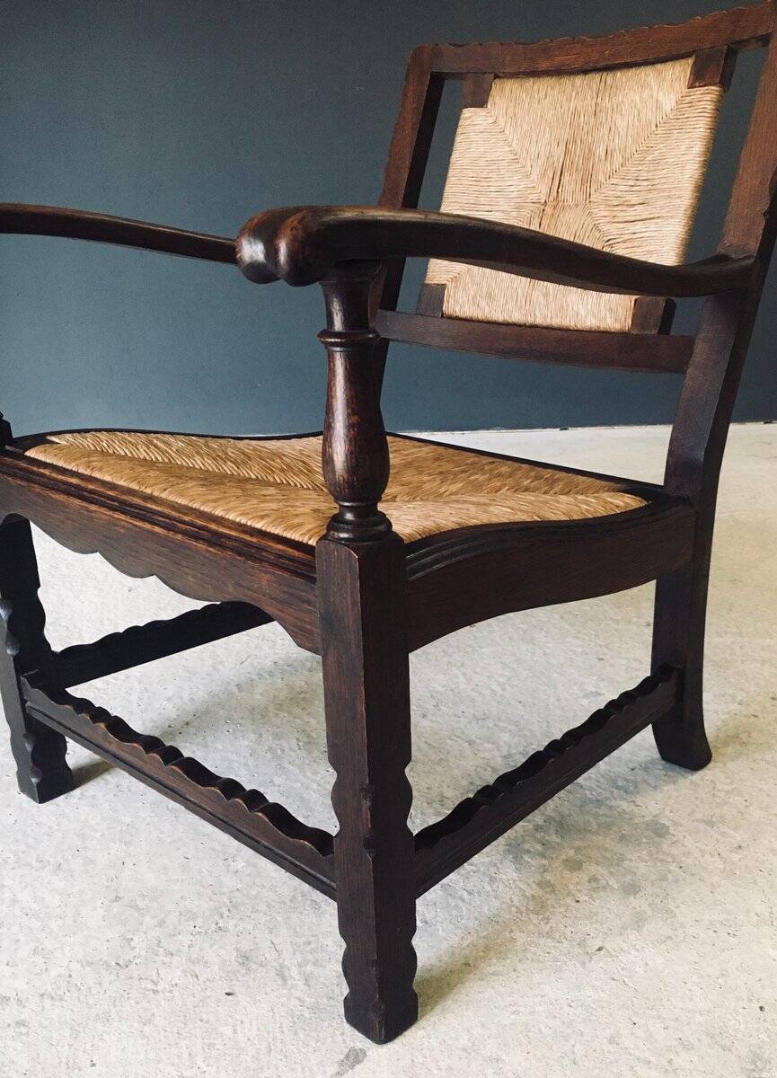 Low Arts & Crafts Oak & Rush Armchair, Belgium 1920s