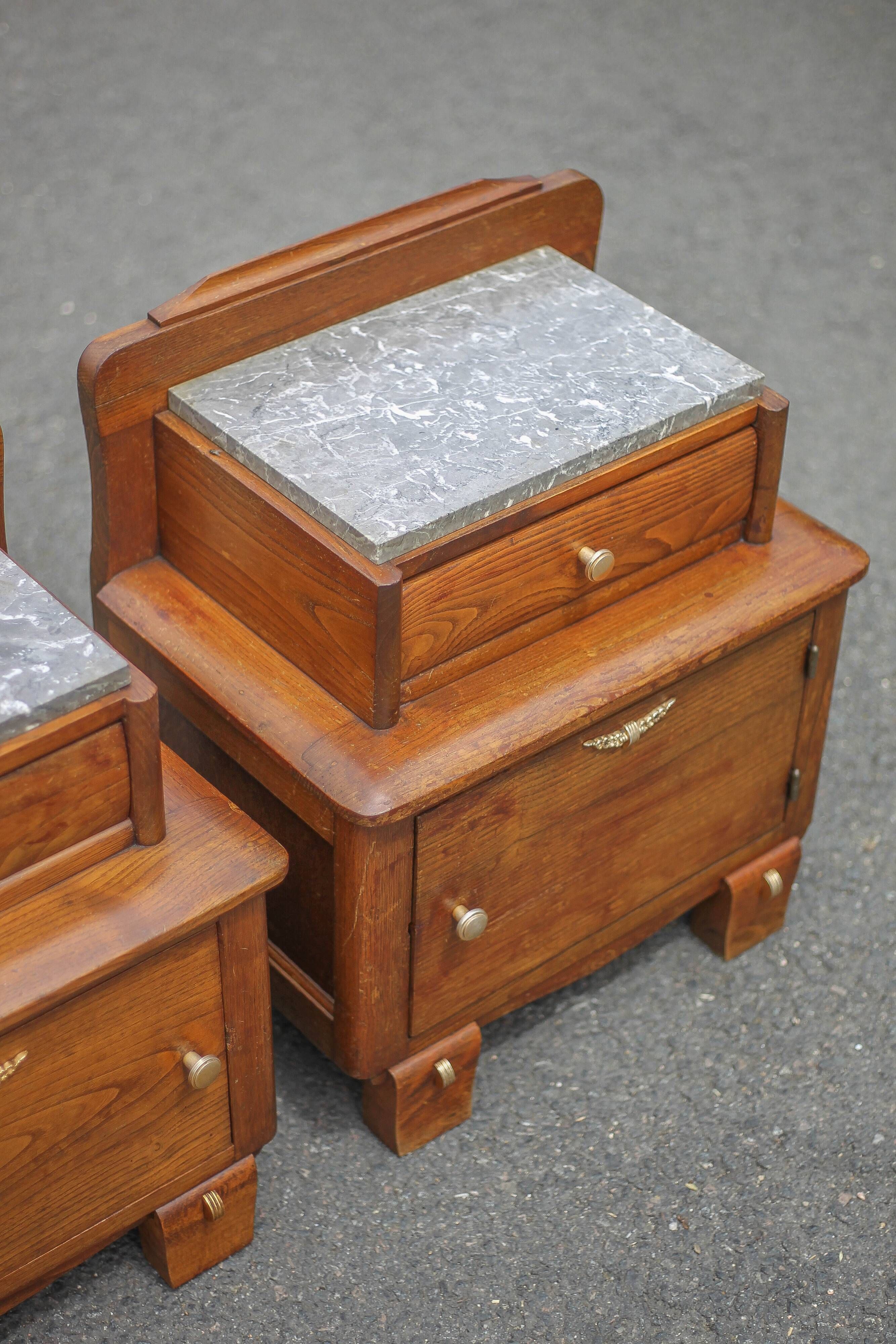 Pair of wooden nightstands, art deco style wooden bedside table, wood and marble table