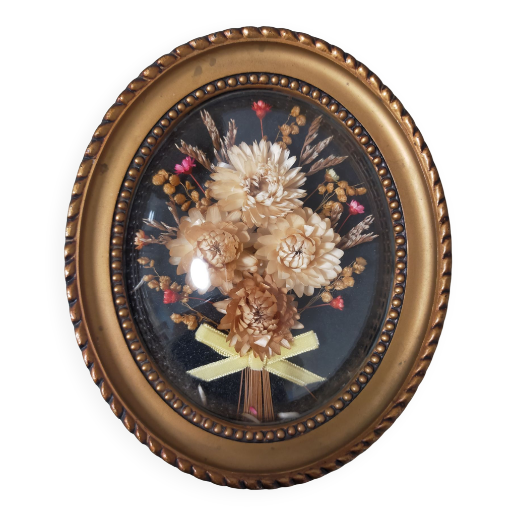 Cadre Photo Ovale Rétro Avec Fleurs Séchées - Verre Et Plastique - Déco Vintage
