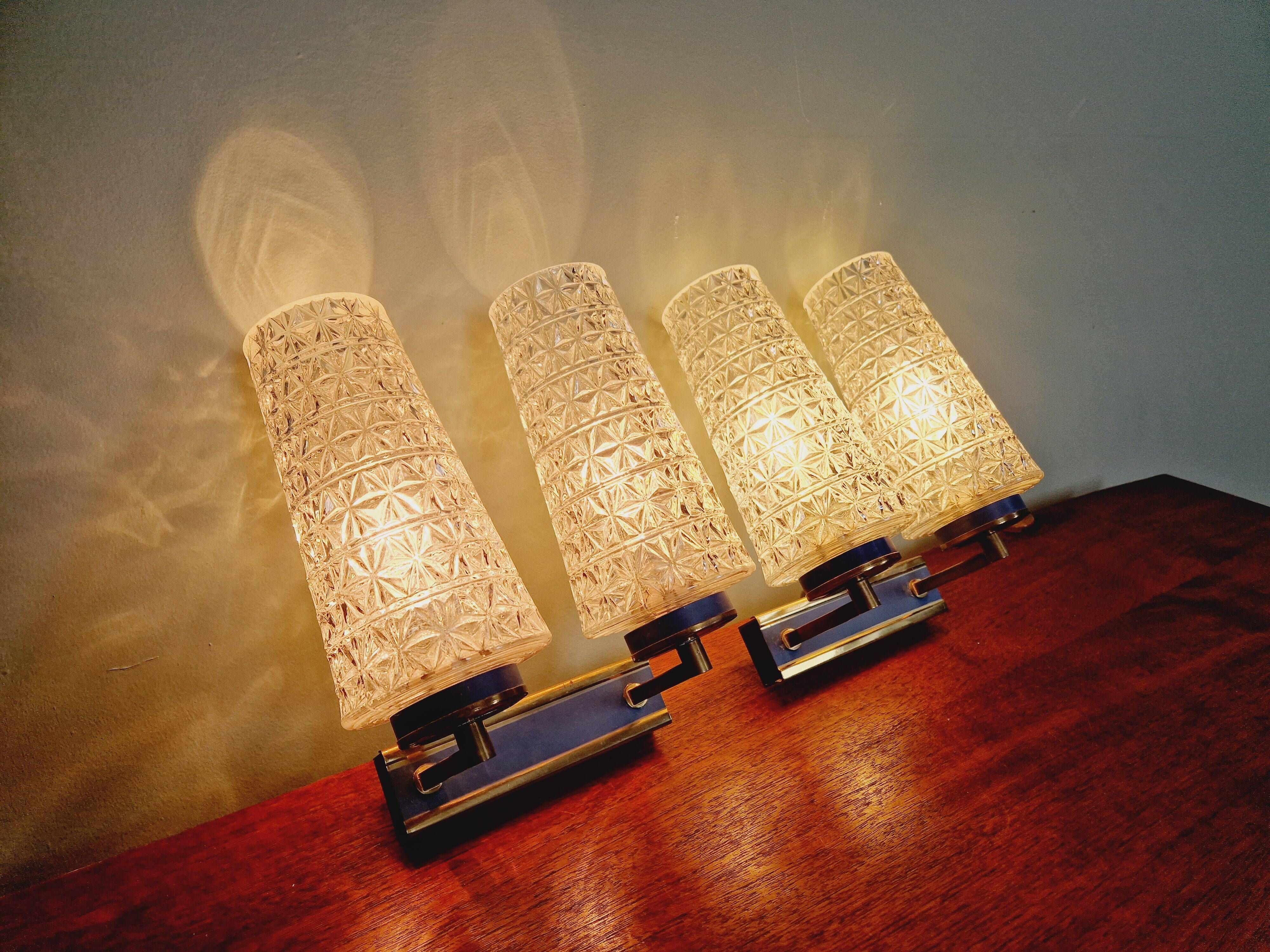 Pair of double wall lights in glass and blue lacquered metal, 1950s-60s