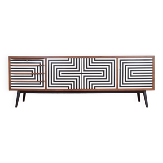 Mid-Century Hand-Painted Op-Art Pattern Walnut Sideboard by Ernst Bergmann, 1960s.