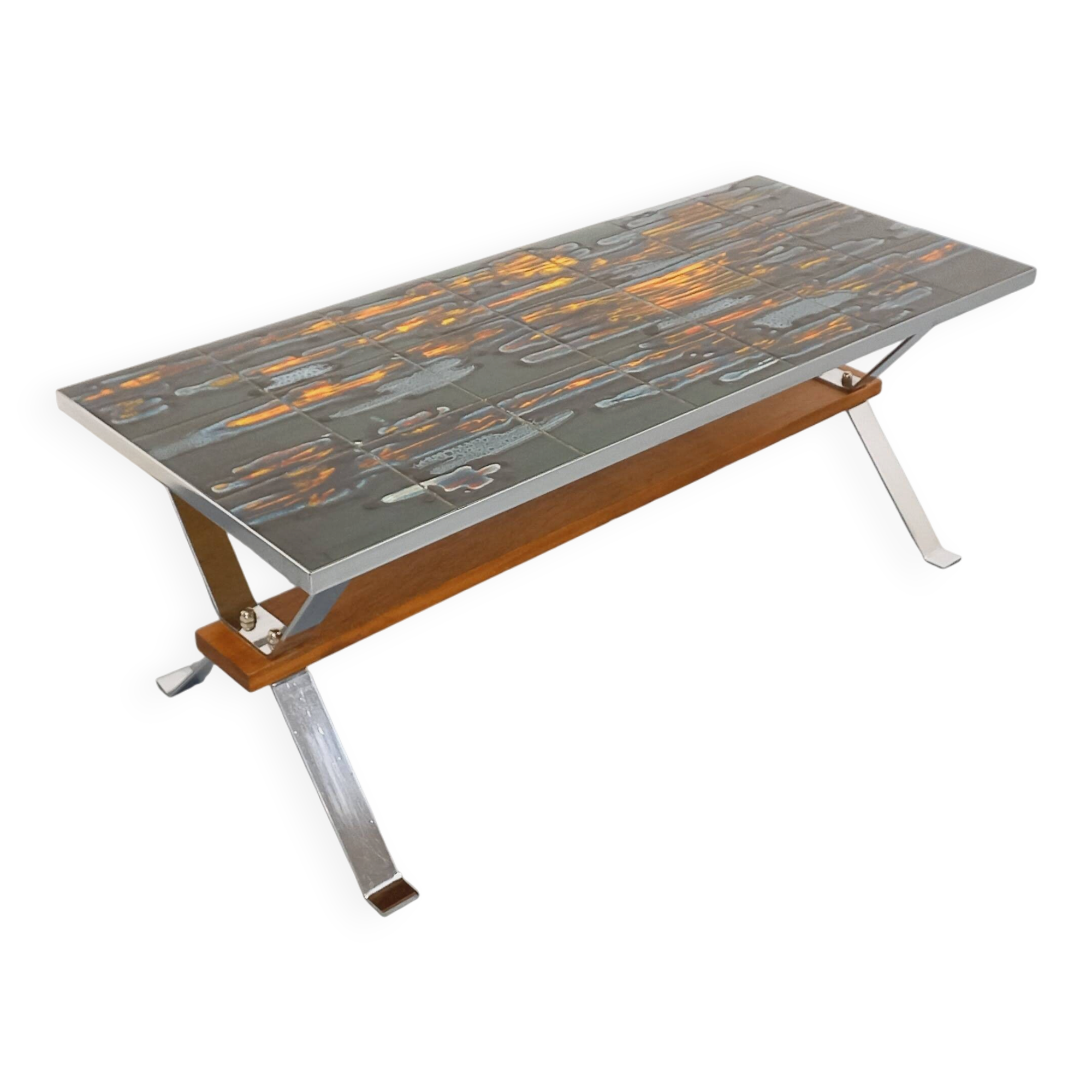 Vintage coffee table from the 60s and 70s in ceramic, chrome metal, and wood.