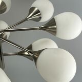 12-flame Sputnik chandelier from the 1960s and 1970s, Kaiser Leuchten, opal glass design