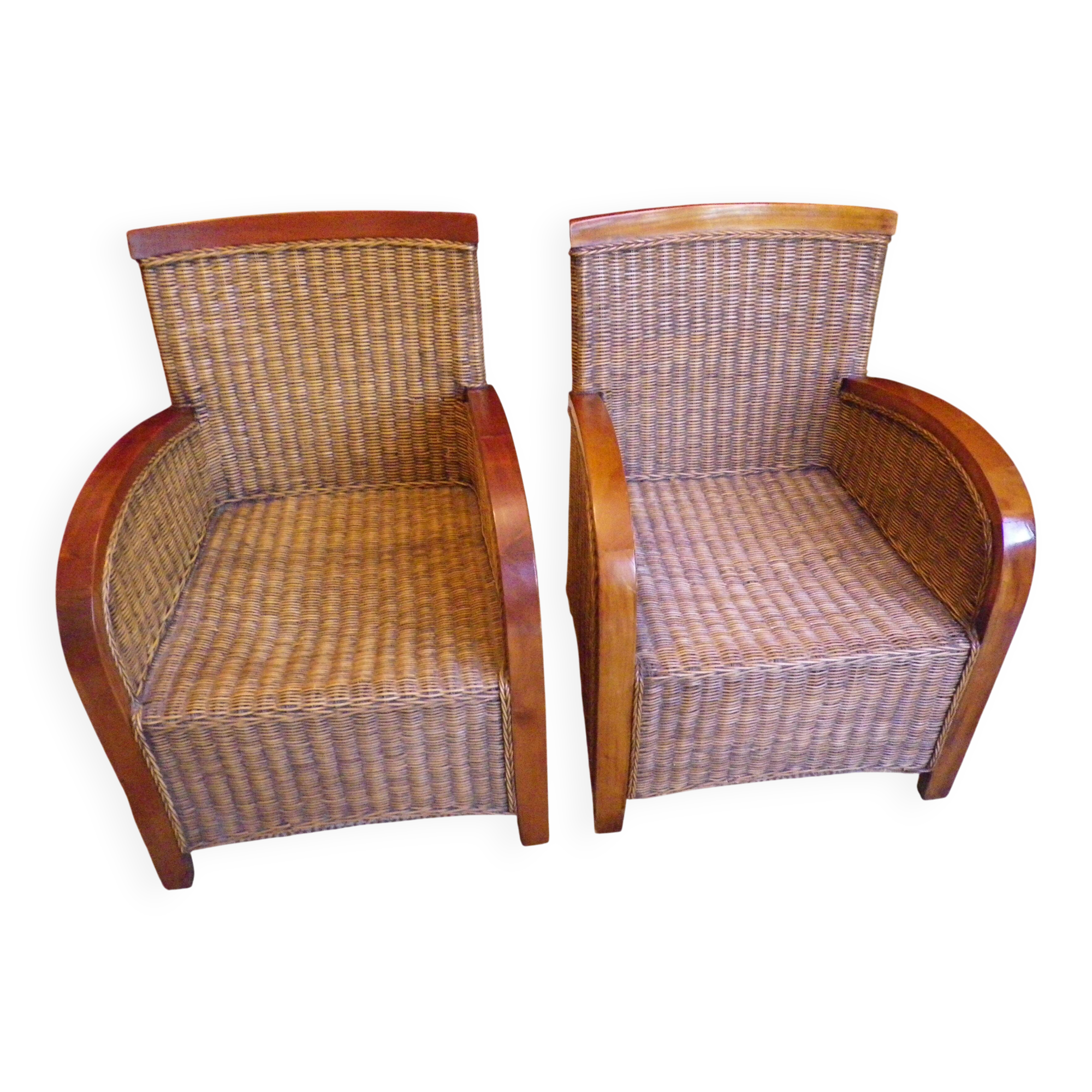 Pair of Club armchairs in ocean liner style, woven rattan and solid wood.