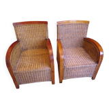 Pair of Club armchairs in ocean liner style, woven rattan and solid wood.
