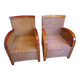 Pair of Club armchairs in ocean liner style, woven rattan and solid wood.