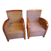 Paire de fauteuil Club style paquebot, rotin tressé et bois massif