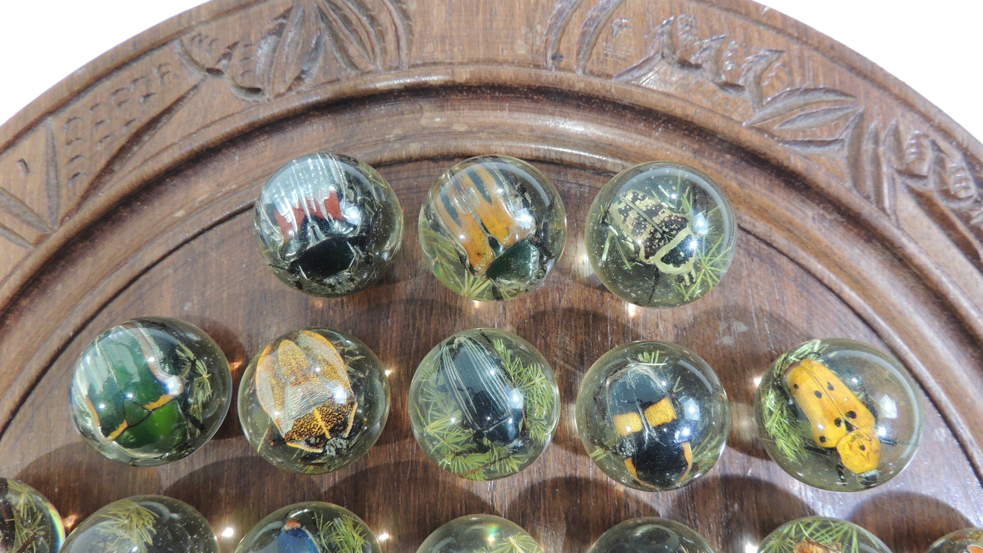 Vintage wooden carved solitaire game – Resin balls with insects –