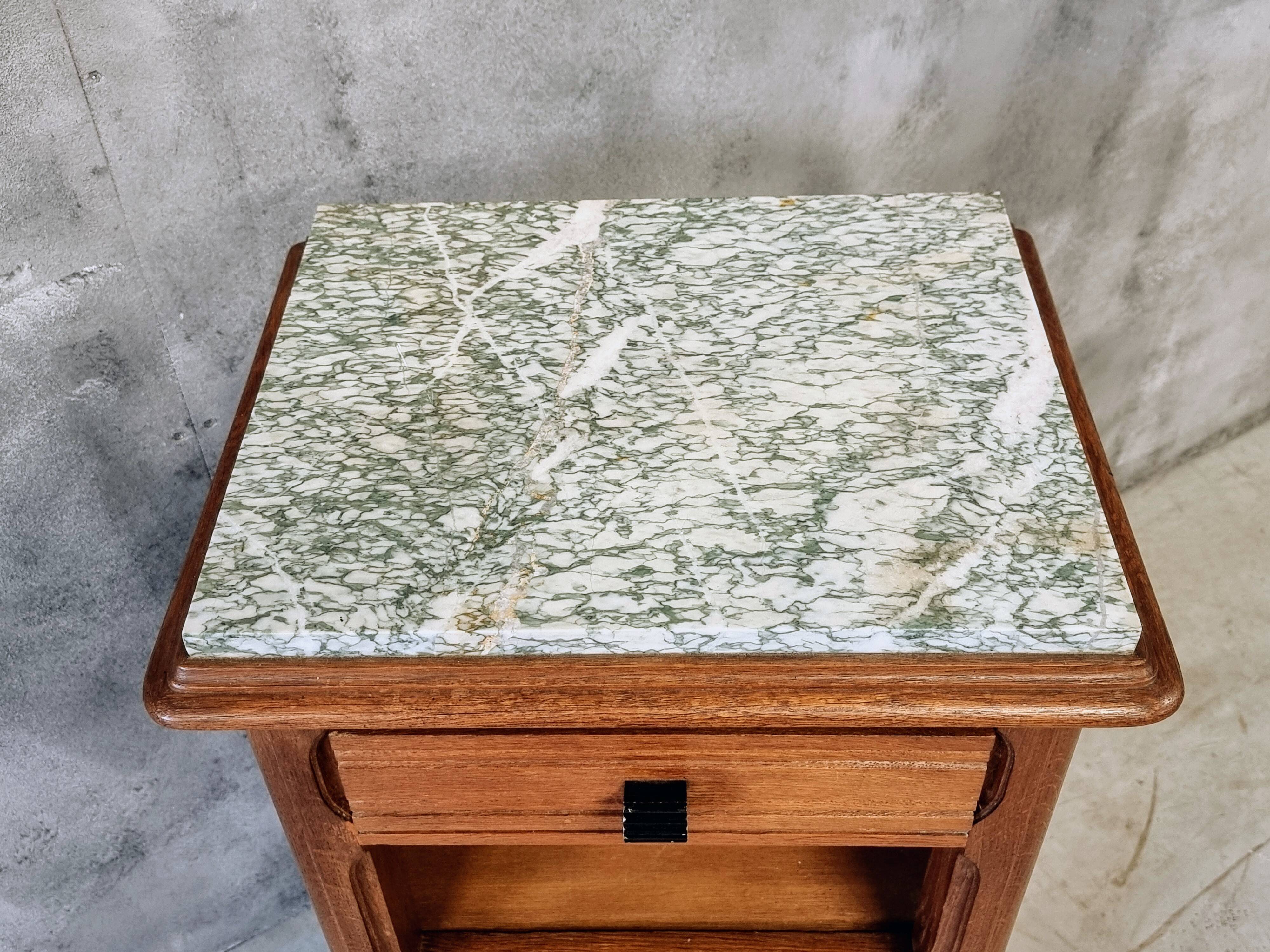 Antique Art Deco bedside table, oak entrance table with marble top