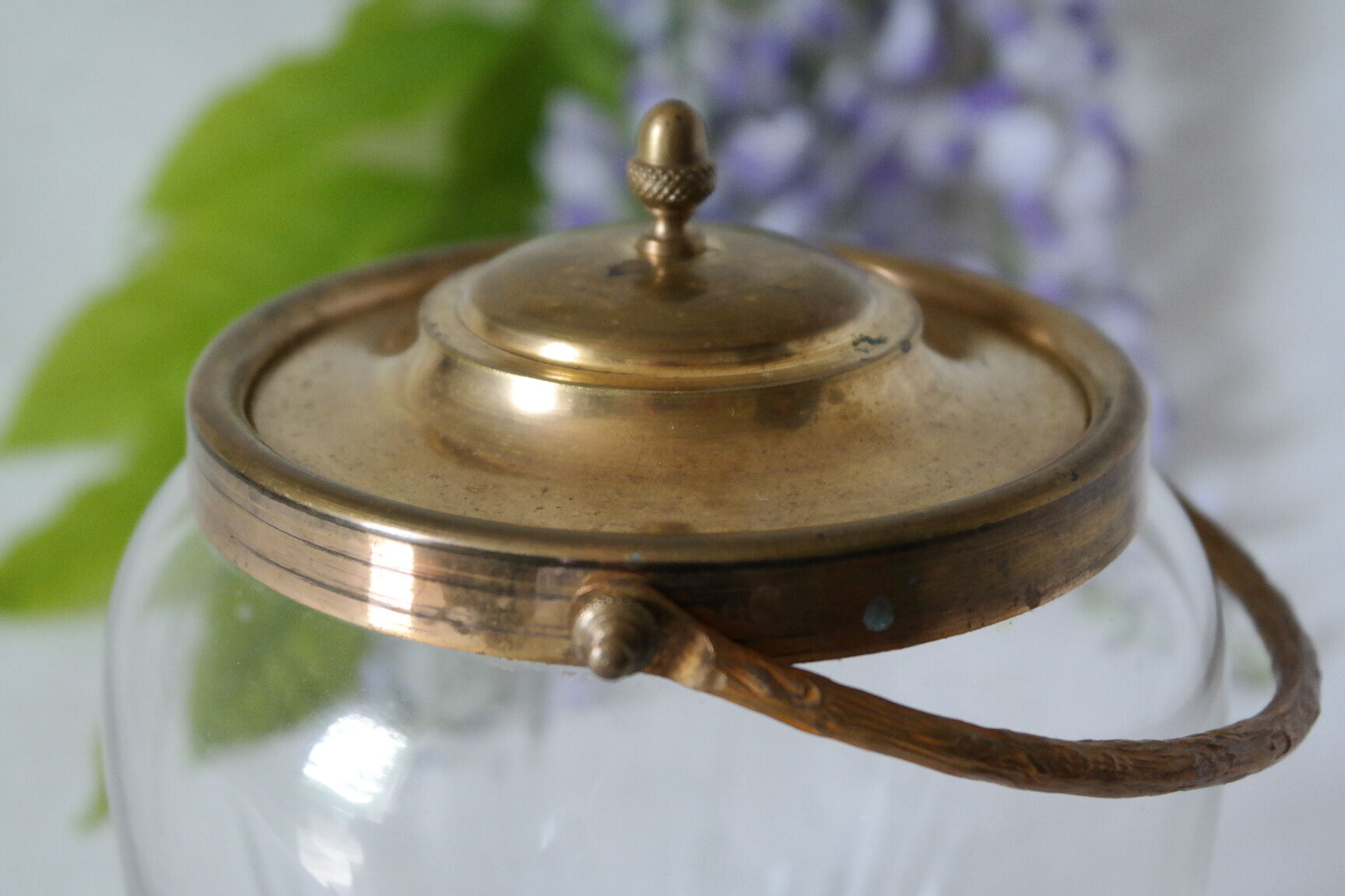Old glass and brass cookie bucket