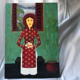 Tableau huile scène d'intérieur japonais