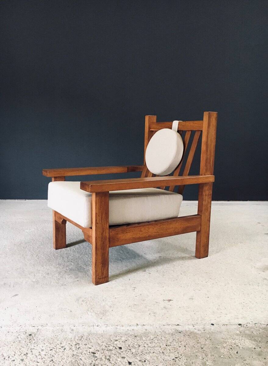 Brutalist Square Oak Lounge Chair, Belgium, 1950s