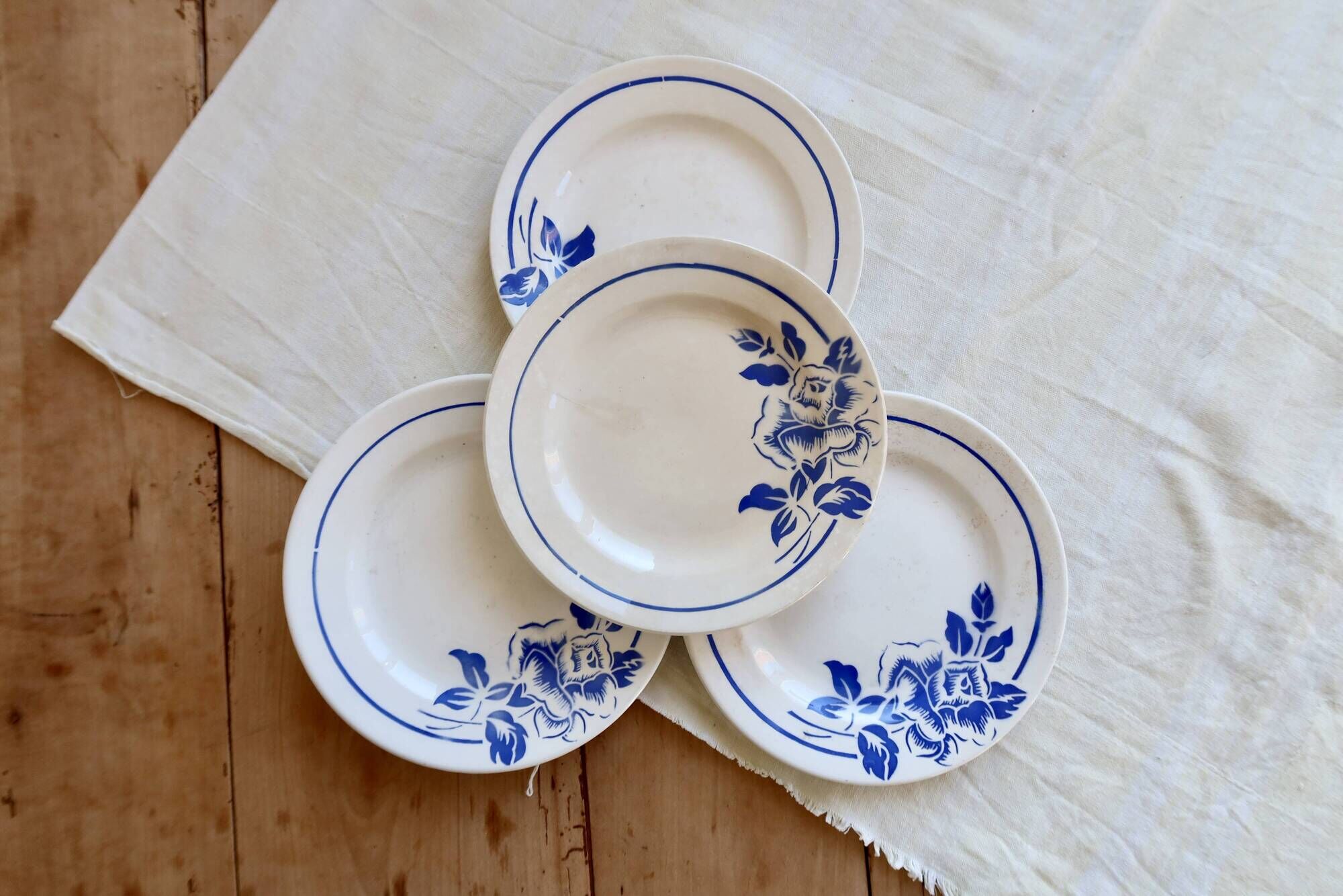 4 vintage ironstone dessert plates Digoin Sarreguemines Hubert blue