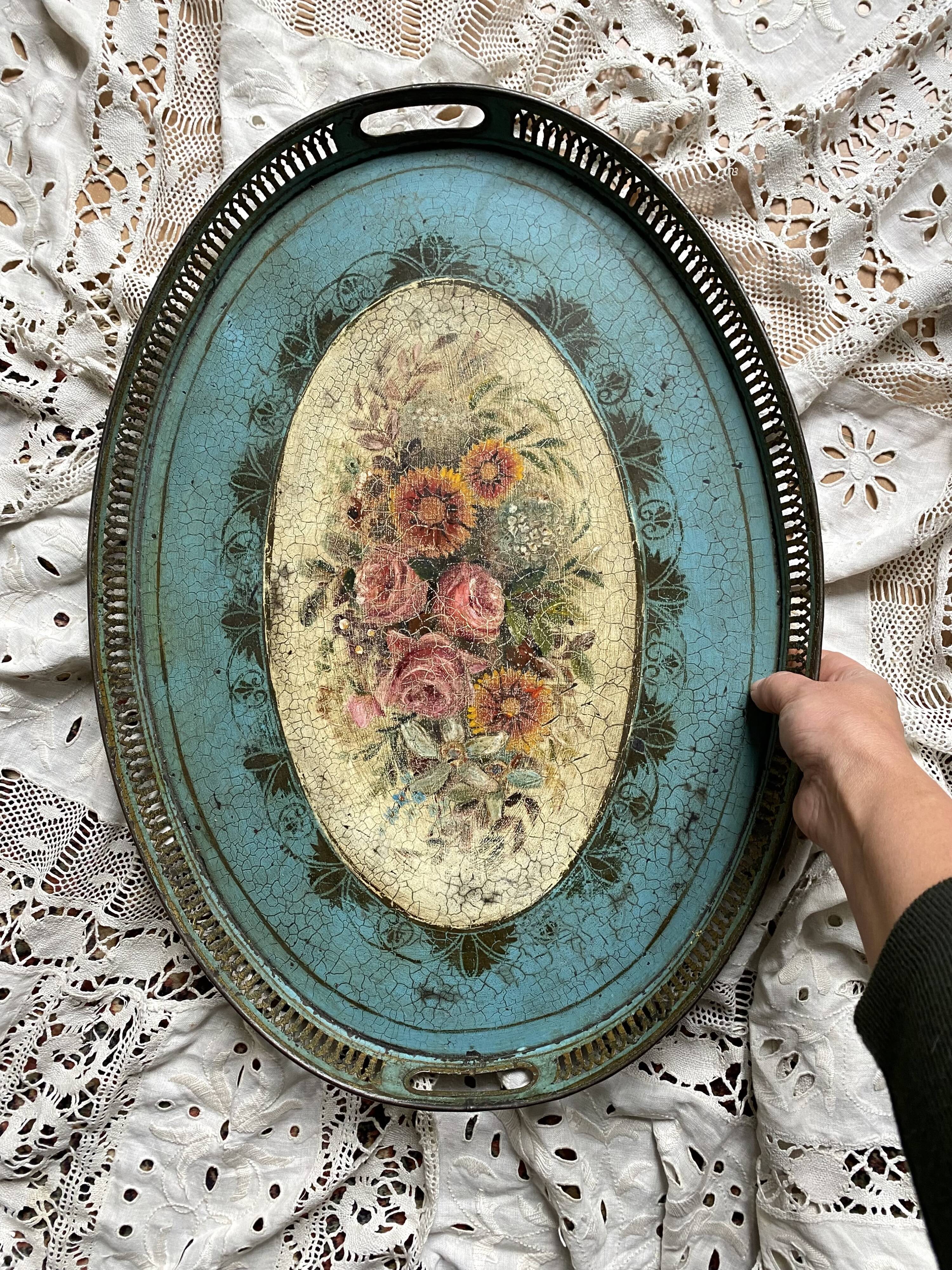 Large oval metal tray in the Napoleon III style, 1960s