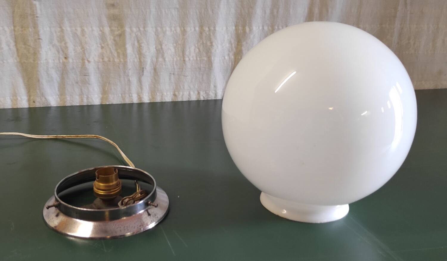 Opaline globe and chrome metal ceiling light - 50s/60s