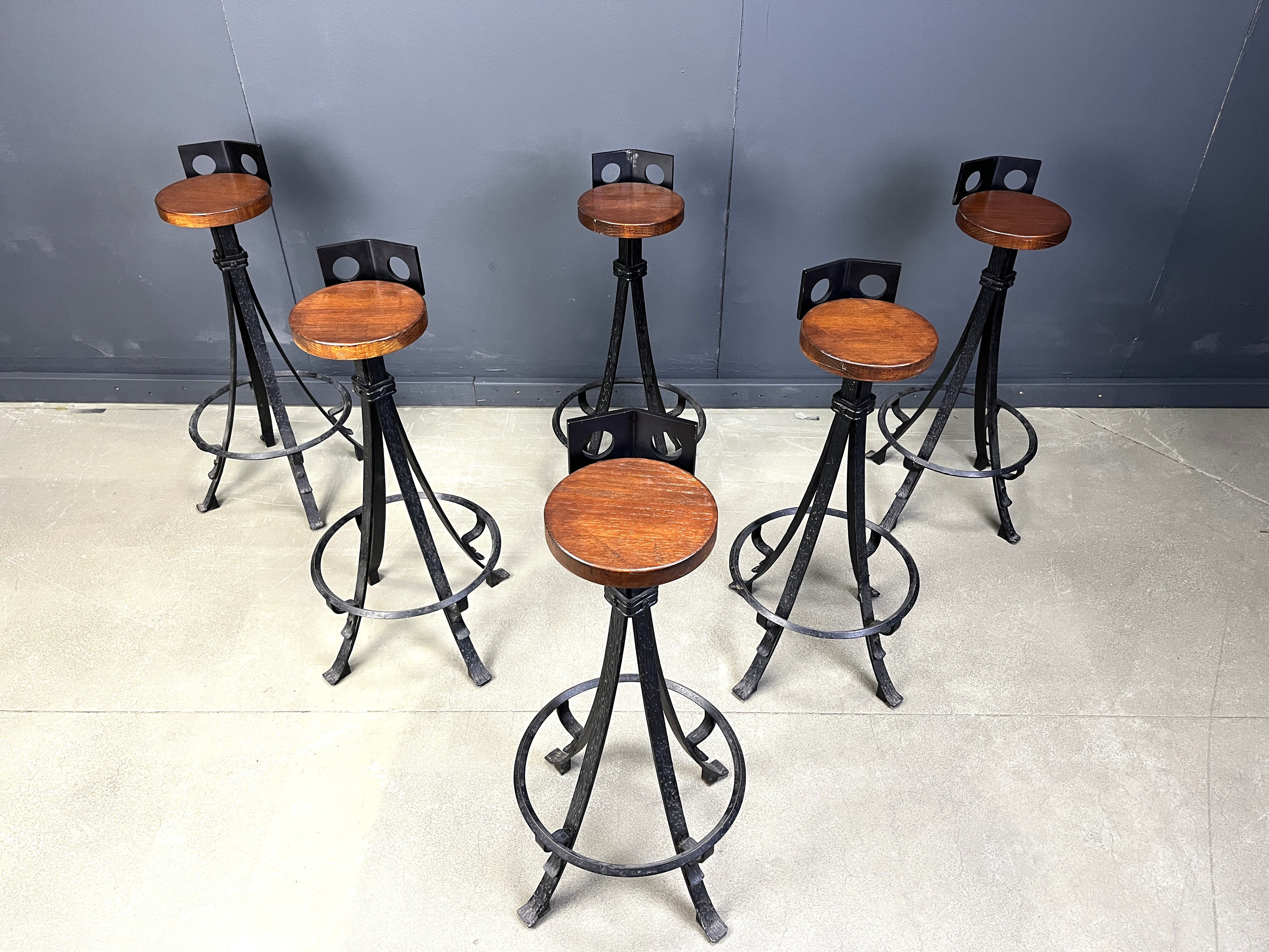Vintage brutalist wrought iron bar stools, 1960s - set of 6