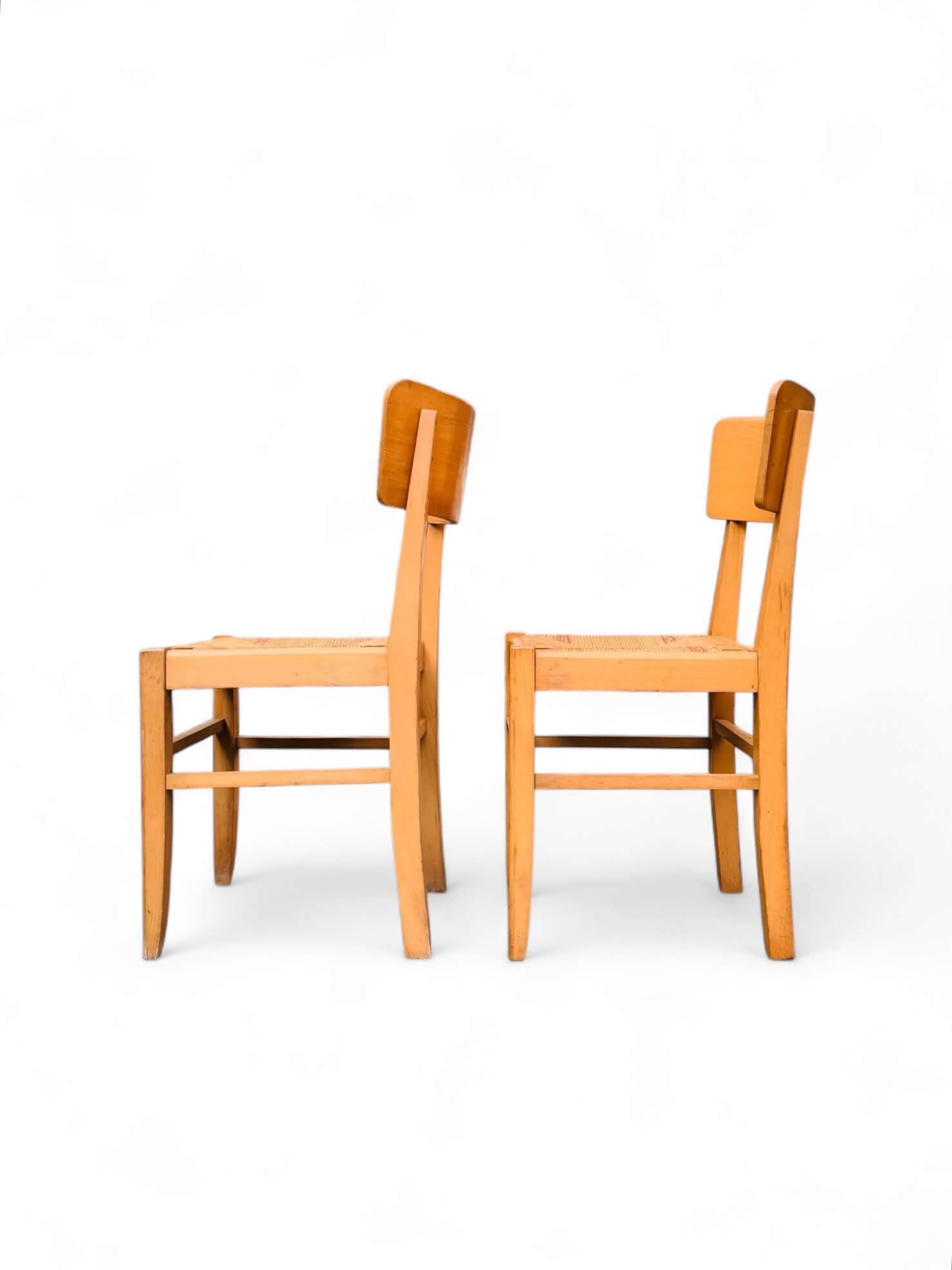 2 vintage beech chairs, straw seats