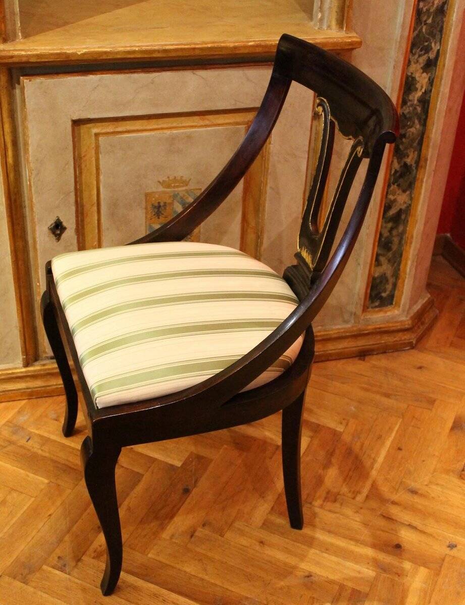 18th Century French Directoire Mahogany Chairs with Silk Blend Upholster Fabric, Set of 4