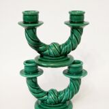 Pair of twisted green ceramic double candlesticks, 1960.