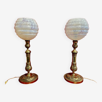 Lampes XIX ème, bronze doré, signées