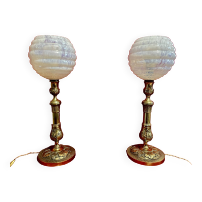 Lampes XIX ème, bronze doré, signées