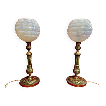 19th century lamps, gilded bronze, signed
