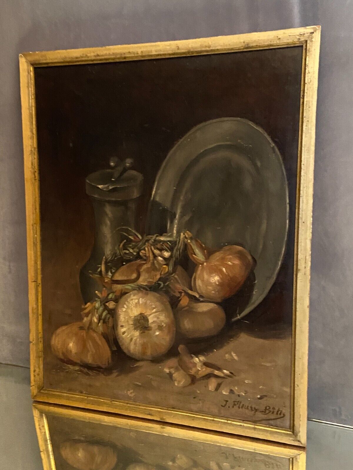 Oil painting on canvas signed J. Fleury-Bin Still Life with pewter and onions