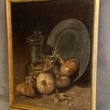 Oil painting on canvas signed J. Fleury-Bin Still Life with pewter and onions