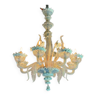 Lustre Vénitien En Verre De Murano Deux Tonalités De Bleus, Vers 1940, 8 Bras De Lumière
