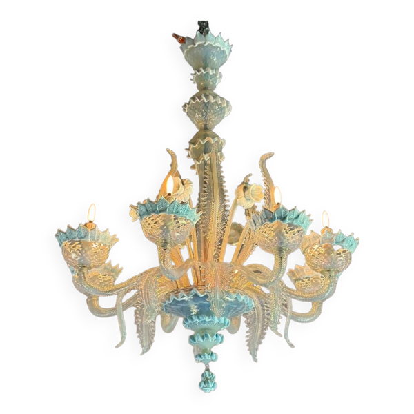 Lustre Vénitien En Verre De Murano Deux Tonalités De Bleus, Vers 1940, 8 Bras De Lumière