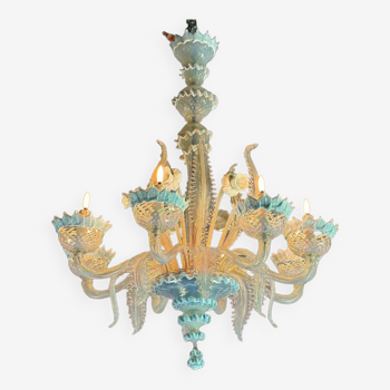 Venetian Chandelier In Murano Glass Two Tones Of Blue, Circa 1940, 8 Arms Of Light