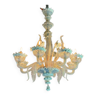 Lustre Vénitien En Verre De Murano Deux Tonalités De Bleus, Vers 1940, 8 Bras De Lumière