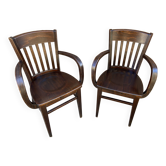 Pair of scholz restaurant type armchairs colonial curved wood american vintage 80s