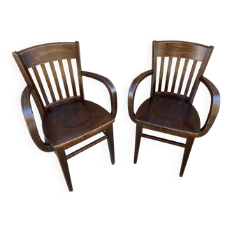 Pair of scholz restaurant type armchairs colonial curved wood american vintage 80s