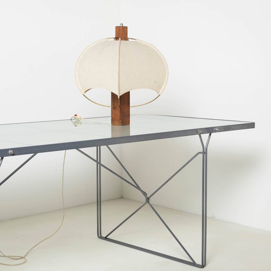 Postmodern table lamp in wood and canvas, Poland, 1980s
