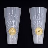 Pair of white and gold wall lights, sun decor, 1950s