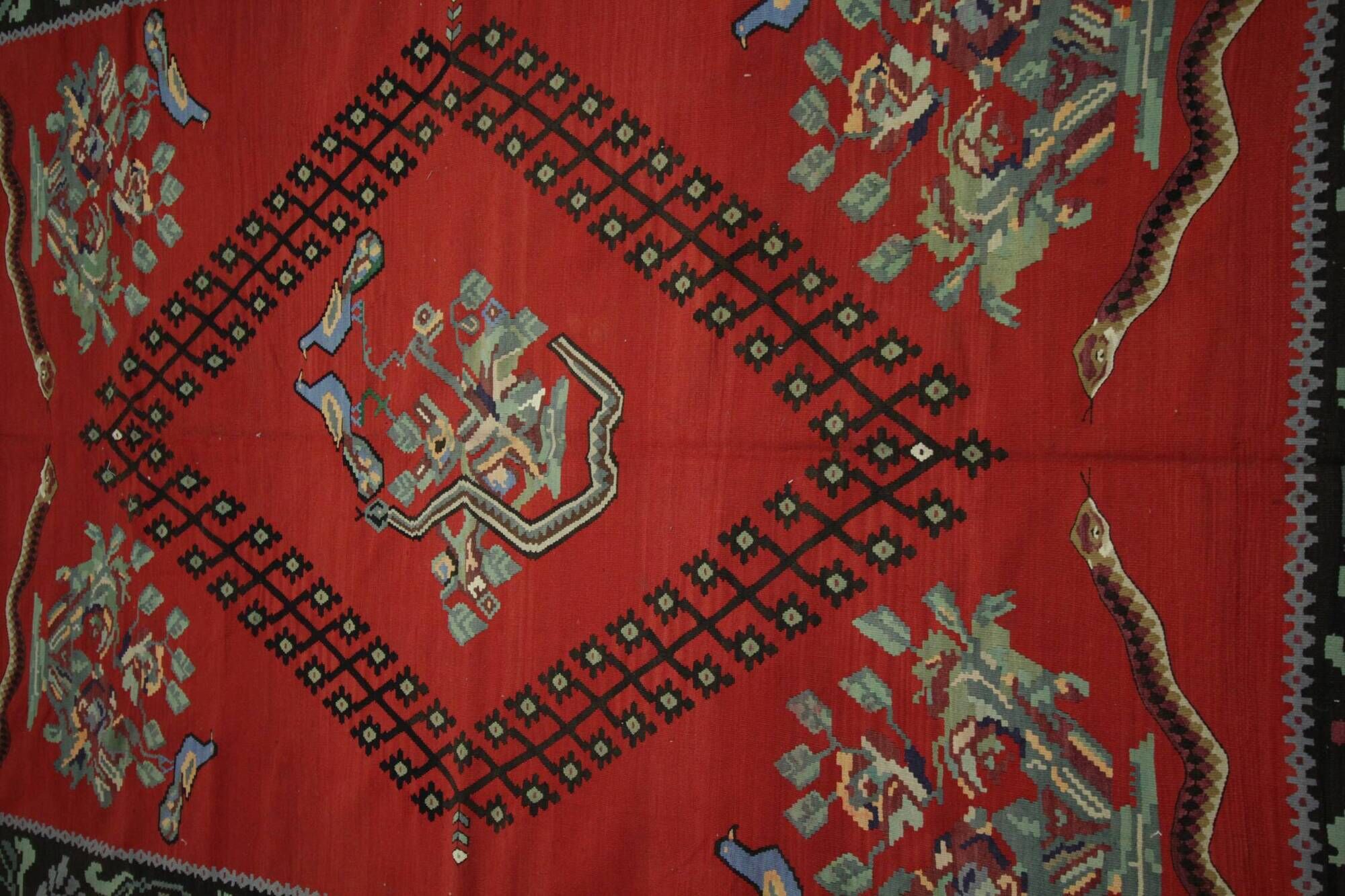 Vintage Red Caucasian Kilim Rug Handwoven Tribal Wool Flatweave Carpet