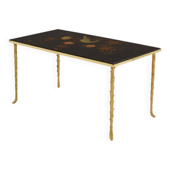 Maison Baguès bamboo brass Chinese lacquered small coffee table 1950s